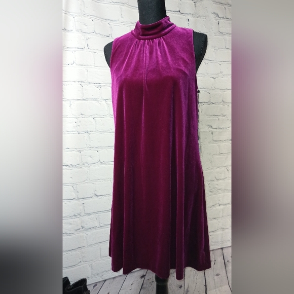 Slvls MockNeck Velvet Burnout Midi TrapezeDress Fuchsia - Picture 8 of 16
